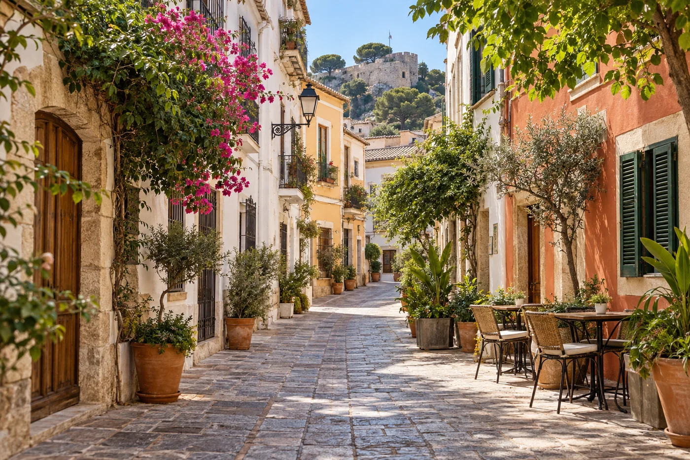 Calle peatonal de aire mediterráneo en el casco histórico de Dénia