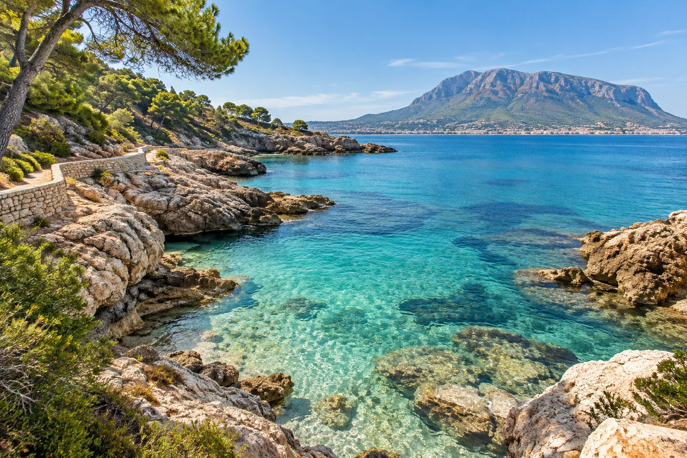Agua turquesa y costa rocosa en una cala de Dénia
